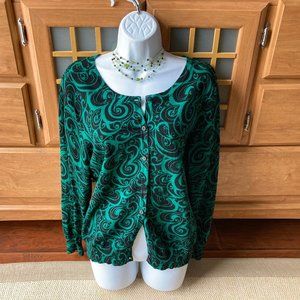 Top Knits Emerald Green Black Print Cardigan Sweater  X Large
